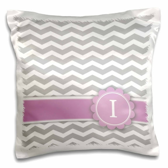 3dRose, Letter I monogrammed on grey and white chevron with pink - gray zigzags - personal initial zig zags, 16x16 inch Pillow Case