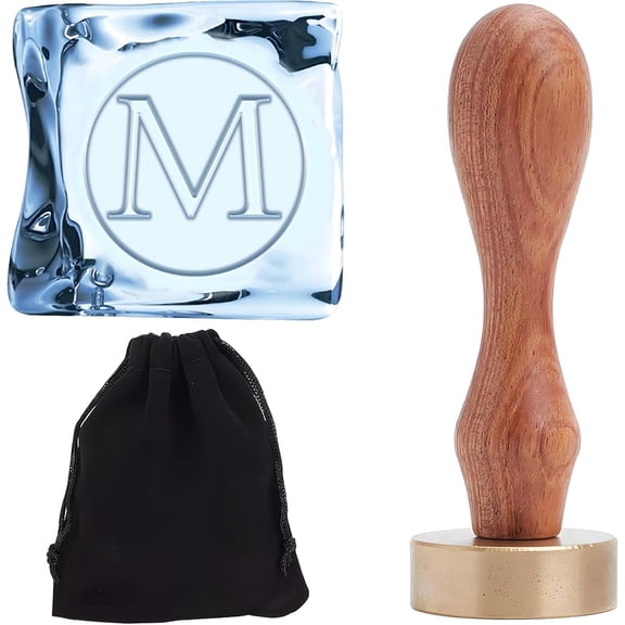 Letter Ice Stamp 1.2 Inch Initial Alphabet M Ice Press Stamps Ice Branding Stamp Cocktail Wooden Handle Removable Brass Head for Party Events Holiday Whisky Mojito Drink Making DIY Craft Gold