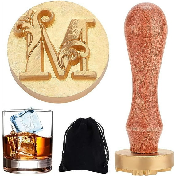 Letter Ice Stamp M Ice Cube Stamp Ice Branding Stamp with Removable Brass Head & Wood Handle Vintage Vine M Ice Stamp