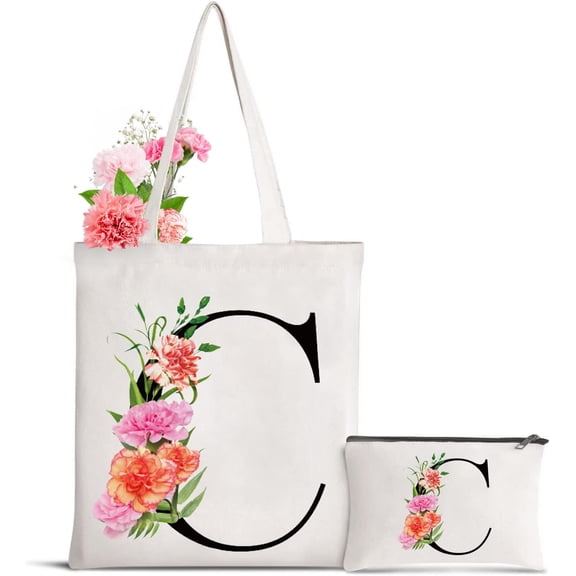 Letter Initial Canvas Tote Bag Personalized Present Bag for Mother's Day Bridesmaids Bride Birthday Wedding