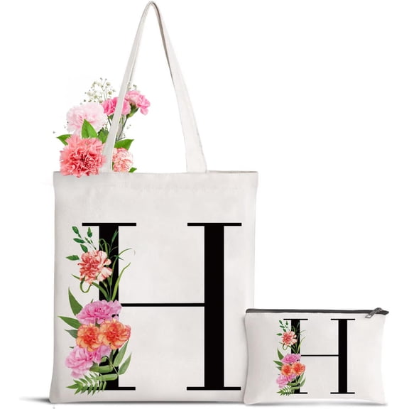 Letter Initial Canvas Tote Bag Personalized Present Bag for Mother's Day Bridesmaids Bride Birthday Wedding