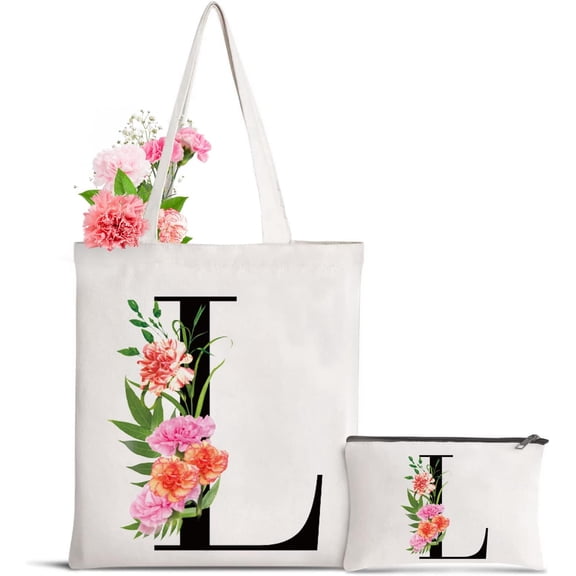 Letter Initial Canvas Tote Bag Personalized Present Bag for Mother's Day Bridesmaids Bride Birthday Wedding