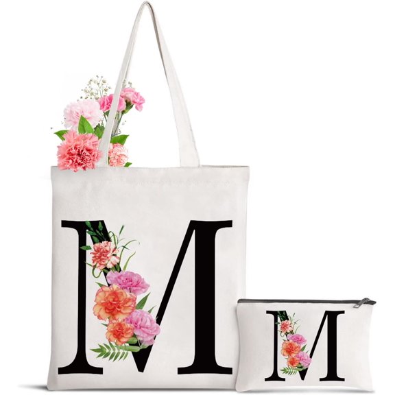 Letter Initial Canvas Tote Bag Personalized Present Bag for Mother's Day Bridesmaids Bride Birthday Wedding