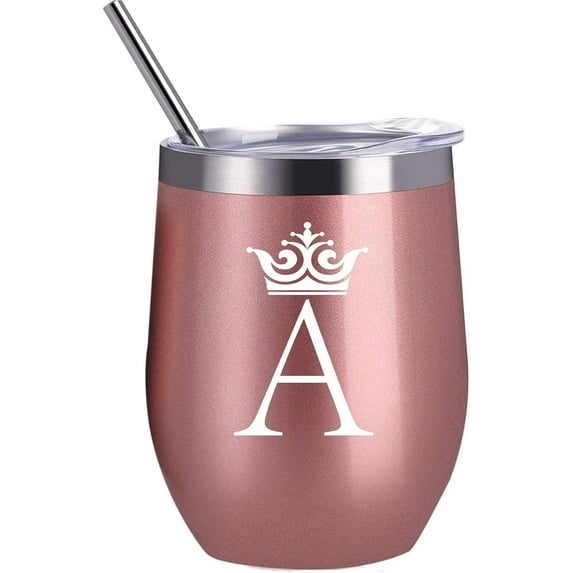 Letter A Initial Gifts for Woman Men 12 Oz Stainless Steel Wine Tumbler Drink Cup Monogram Mug Birthday Wedding Bridesmaid Proposal Engagement Christmas Gift (A)
