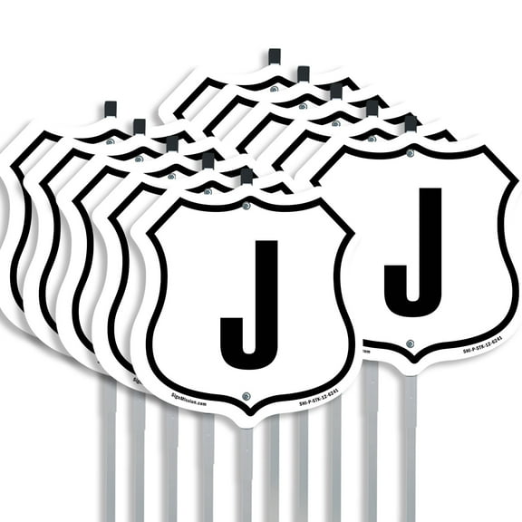 Letter J (10 Pack) 12 inch X 12 inch Shield Shaped Rust-Free Aluminum Metal Signs with Aluminum Mounting Stakes Weather Resistant Made in the USA