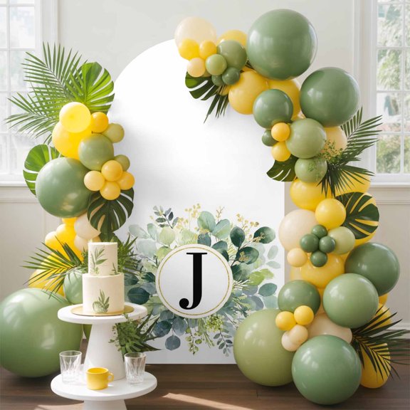 Letter J Arch Backdrop Cover, 4FT, Alphabet Green Eucalyptus Leaves Plant Simple Spandex Arch Covers Double-Sided Backdrop for Wedding Birthday Party Photo Background Decoration