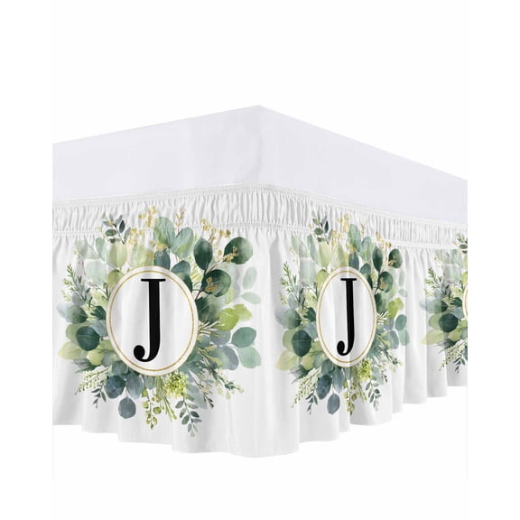 Letter J Bed Skirt Queen Size 16 Inch Drop, Alphabet Green Eucalyptus Leaves Plant Simple Adjustable Elastic Dust Ruffles Bedskirt for Queen Bed Wrap Around Pleated Mattress Frame Cover