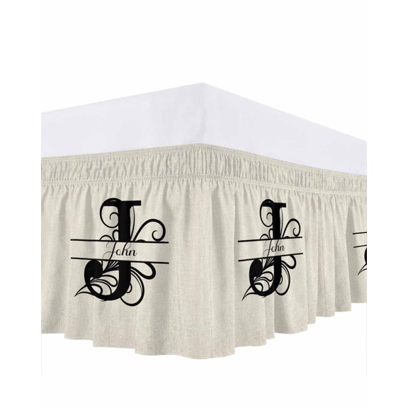 Letter J Bed Skirt Queen Size, Monogram Words Wrap Around Bed Skirting with Adjustable Elastic Strap, Dust Ruffle Pleated Bedskirts 16 Inch Drop for Bedroom Queen Beds