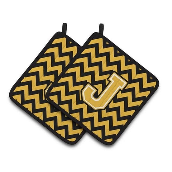 Letter J Chevron Black & Gold Pair of Pot Holders - 7.5 x 3 x 7.5 in.