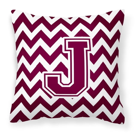 Letter J Chevron Maroon and White Fabric Decorative Pillow