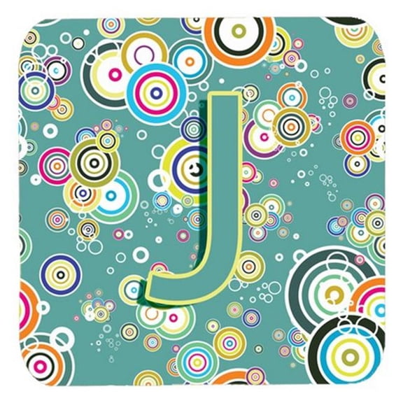 Letter J Circle Circle Teal Initial Alphabet Foam Coasters- Set Of 4