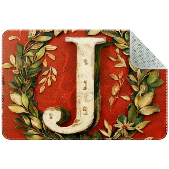 Letter J with Cute Wreath Ren Background Pattern Entryway Rug, 2x3 Area Rug Indoor Door Mat Non-slip Washable Floor Carpet Rug for Bedroom Office Dining Room Bathroom