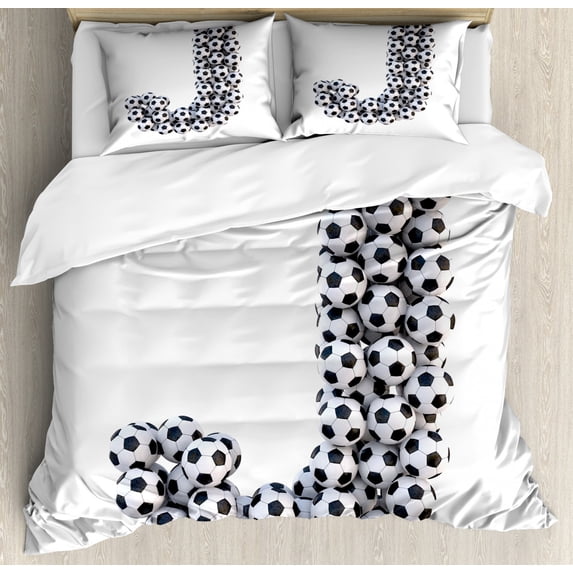 Letter J Duvet Cover Set Queen Size, Soccer Balls in the Form of a Letter Futboll Alphabet Theme Teamplay Sports, Decorative 3 Piece Bedding Set with 2 Pillow Shams, Black and White, by Ambesonne