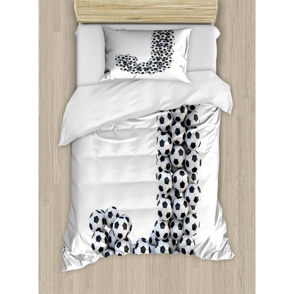 Letter J Duvet Cover Set Twin Size, Soccer Balls in the Form of a Letter Futboll Alphabet Theme Teamplay Sports, Decorative 2 Piece Bedding Set with 1 Pillow Sham, Black and White, by Ambesonne