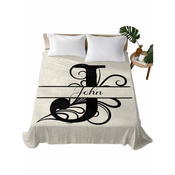 Letter J Flat Sheet Only Twin Size, Soft Breathable Bed Top Sheets for Mattress, Monogram Words Luxury Bedding Flat Sheets for Home Hotel Bedroom Bed Protection