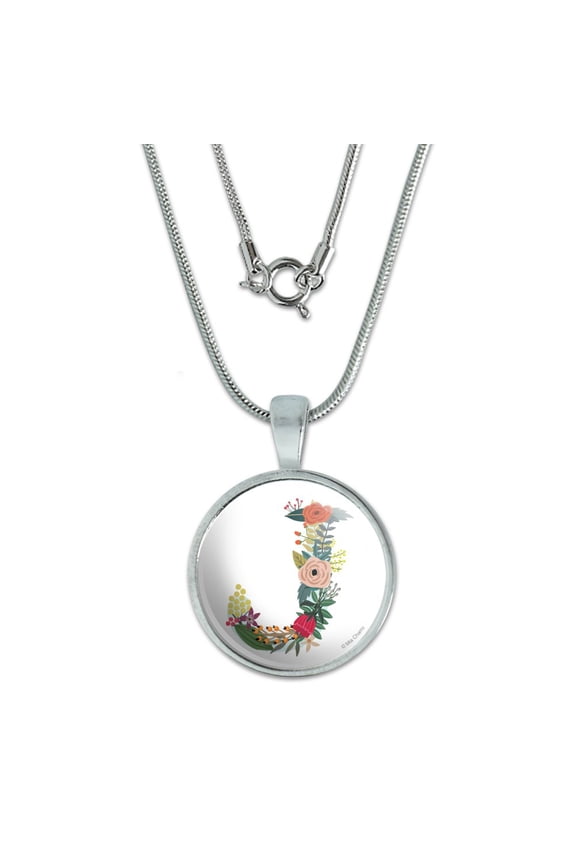 Letter J Floral Monogram Initial 0.75" Pendant with Sterling Silver Plated Chain