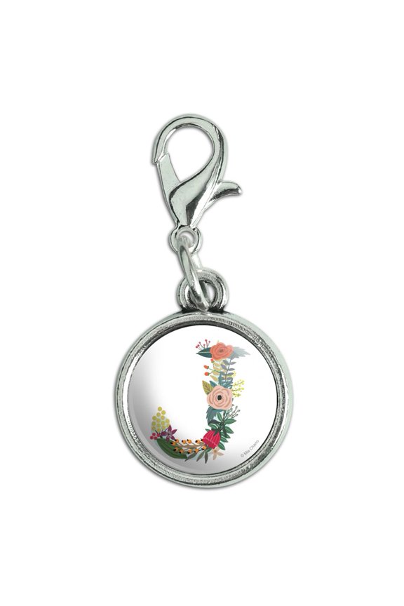 Letter J Floral Monogram Initial Antiqued Bracelet Pendant Zipper Pull Charm with Lobster Clasp