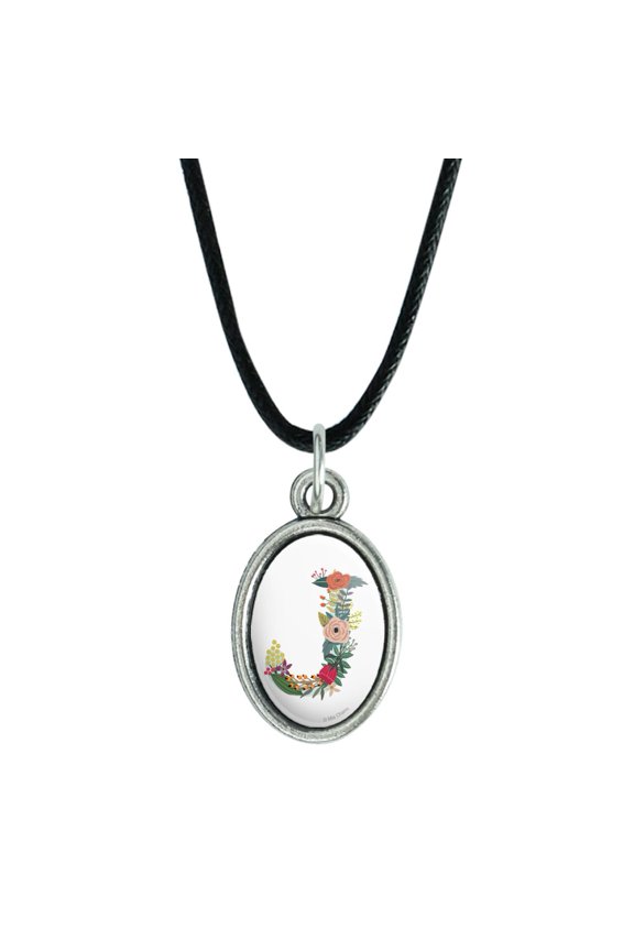 Letter J Floral Monogram Initial Antiqued Oval Charm Pendant with Black Satin Cord