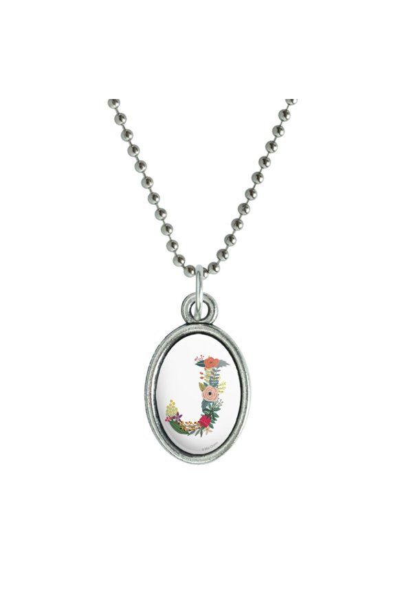 Letter J Floral Monogram Initial Antiqued Oval Charm Pendant with Chain
