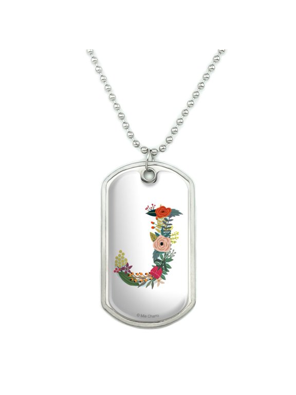 Letter J Floral Monogram Initial Military Dog Tag Pendant Necklace with Chain