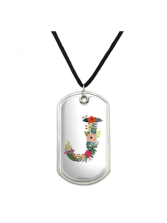 Letter J Floral Monogram Initial Military Dog Tag Pendant Necklace with Cord
