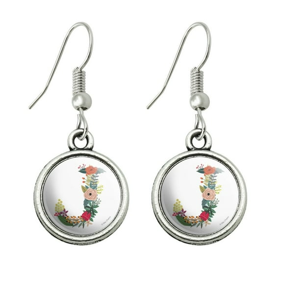 Letter J Floral Monogram Initial Novelty Dangling Drop Charm Earrings
