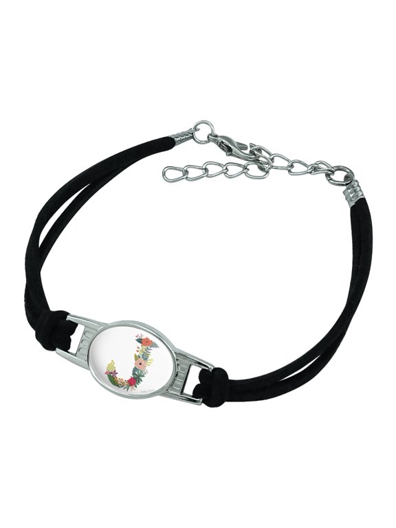 Letter J Floral Monogram Initial Novelty Suede Leather Metal Bracelet