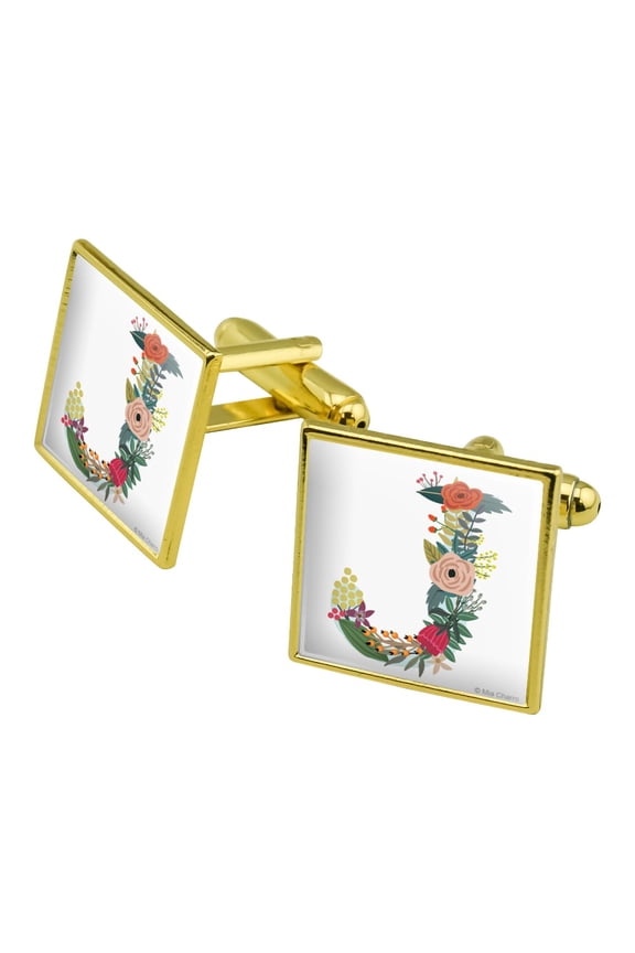Letter J Floral Monogram Initial Square Cufflink Set - Silver or Gold