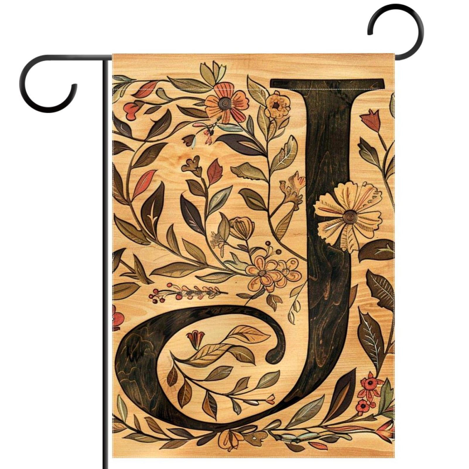 Letter J with Flowers Leaves Vintage Retro Pattern Double Sided Garden Flag Decorative Weather Resistant Yard Flag, Large DIY Vertical Flag for Farmhouse Patio Lawn, 28x40 Inch