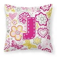 thumbnail image 1 of Letter J Flowers and Butterflies Pink Fabric Decorative Pillow, 1 of 2