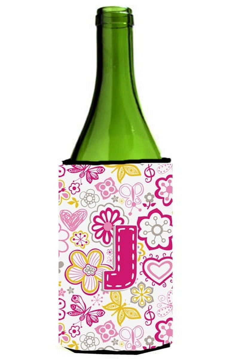 Letter J Flowers and Butterflies Pink Wine Bottle Hugger