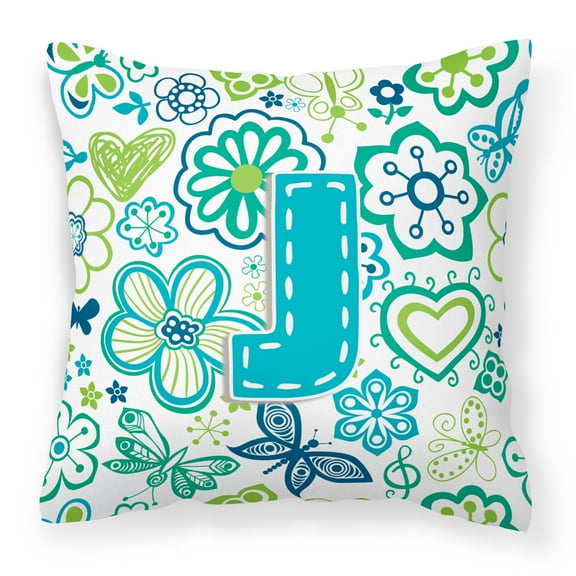 Letter J Flowers and Butterflies Teal Blue Canvas Fabric Decorative Pillow CJ2006-JPW1414