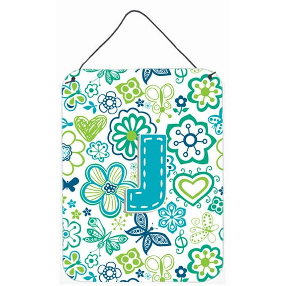 Letter J Flowers and Butterflies Teal Blue Wall or Door Hanging Prints