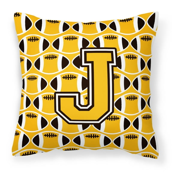 Letter J Football Black, Old Gold and White Fabric Decorative Pillow