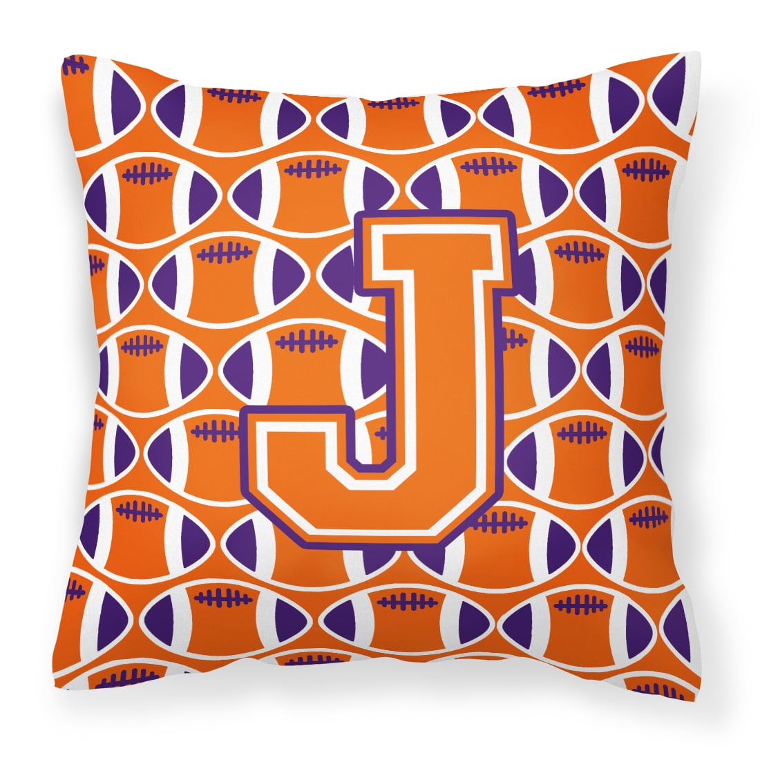 Letter J Football Orange, White and Regalia Fabric Decorative Pillow