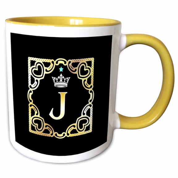 3drose, Letter J- Image of Monogram with Crown and Blue Star- Not Metal Foil, 15oz Two-tone Yellow Mug