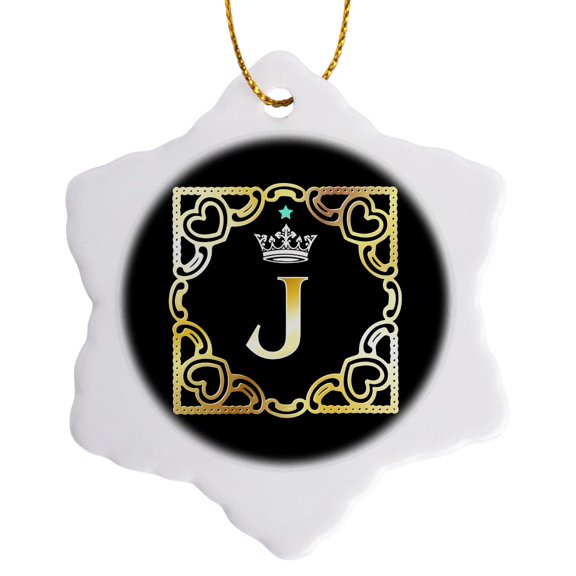3drose, Letter J- Image of Monogram with Crown and Blue Star- Not Metal Foil, 3 inch Snowflake Porcelain Ornament