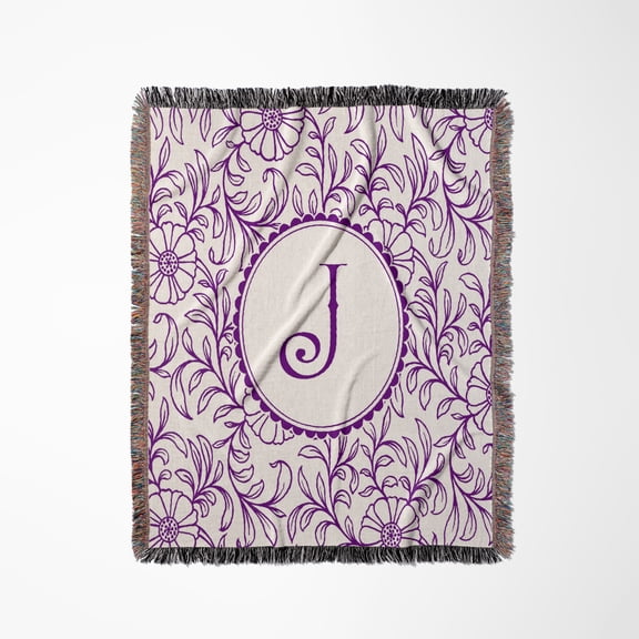 Letter J In Circle Over Swirly Floral Pattern In Purple And White, Woven Blanket