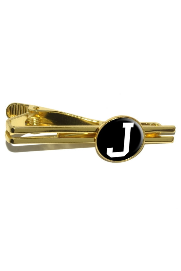 Letter J Initial Black White Round Tie Clip