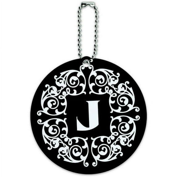 Letter J Initial Black White Scrolls Round Luggage ID Tag Card for Suitcase or Carry-On