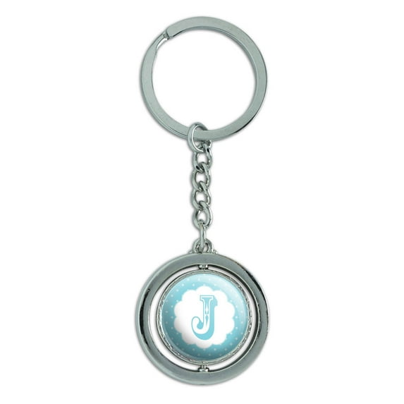 Letter J Initial Flower Blue Spinning Circle Metal Keychain