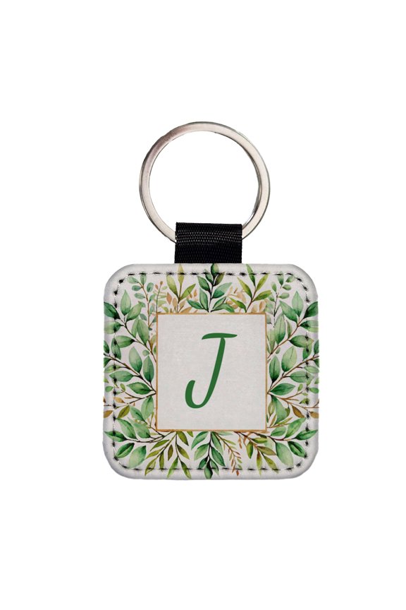 Letter J Initial Monogram Frame Leaf Faux Leather Square Keychain