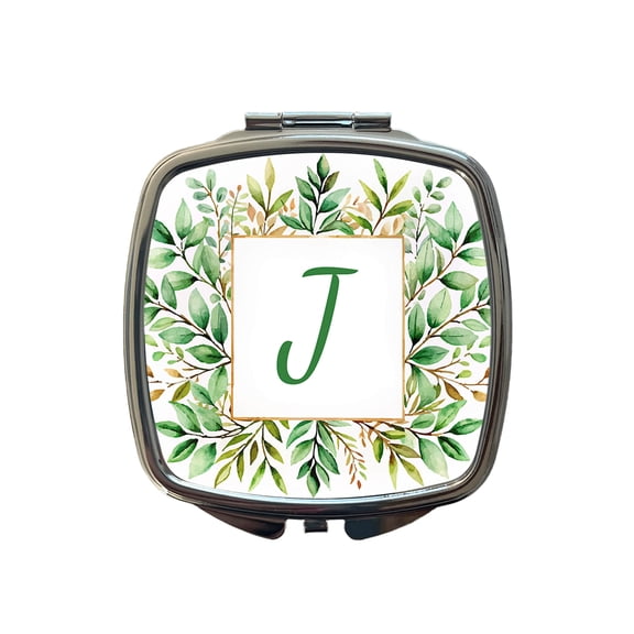 Letter J Initial Monogram Frame Leaf Travel Makeup Handbag Purse Small Pocket Compact Mirror