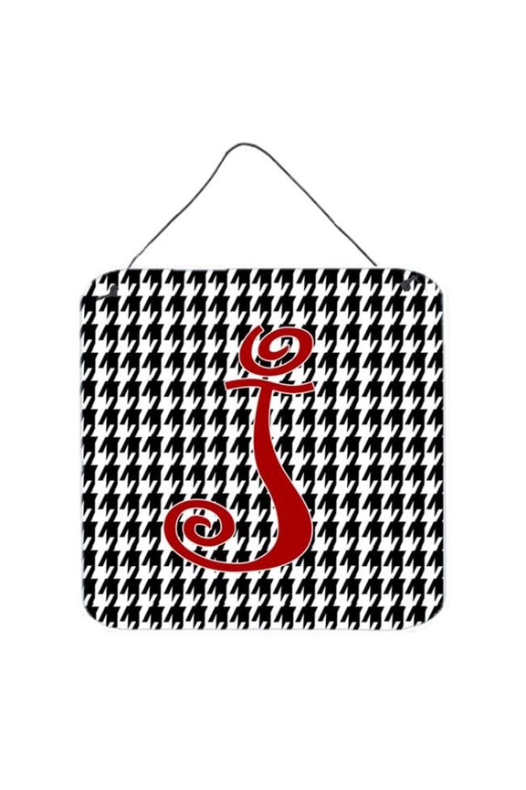 Letter J Initial Monogram - Houndstooth Black Wall or Door Hanging Prints