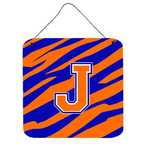 Letter J Initial Tiger Stripe - Blue Orange Wall or Door Hanging Prints
