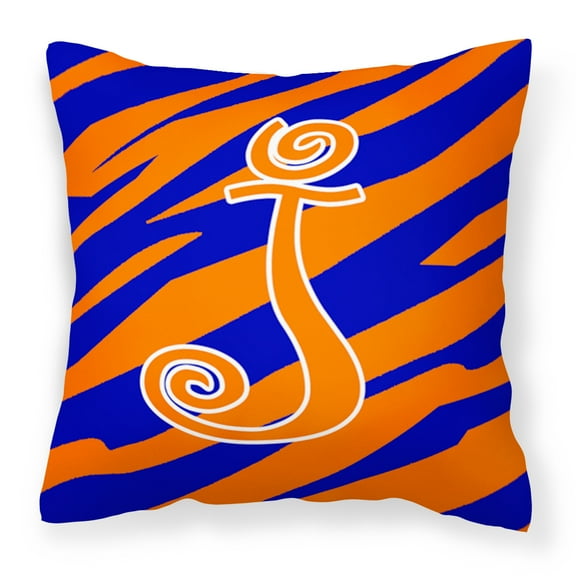Letter J Initial Tiger Stripe Blue and Orange Fabric Decorative Pillow