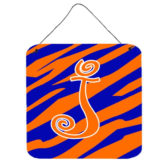Letter J Initial Tiger Stripe Blue and Orange Wall or Door Hanging Prints