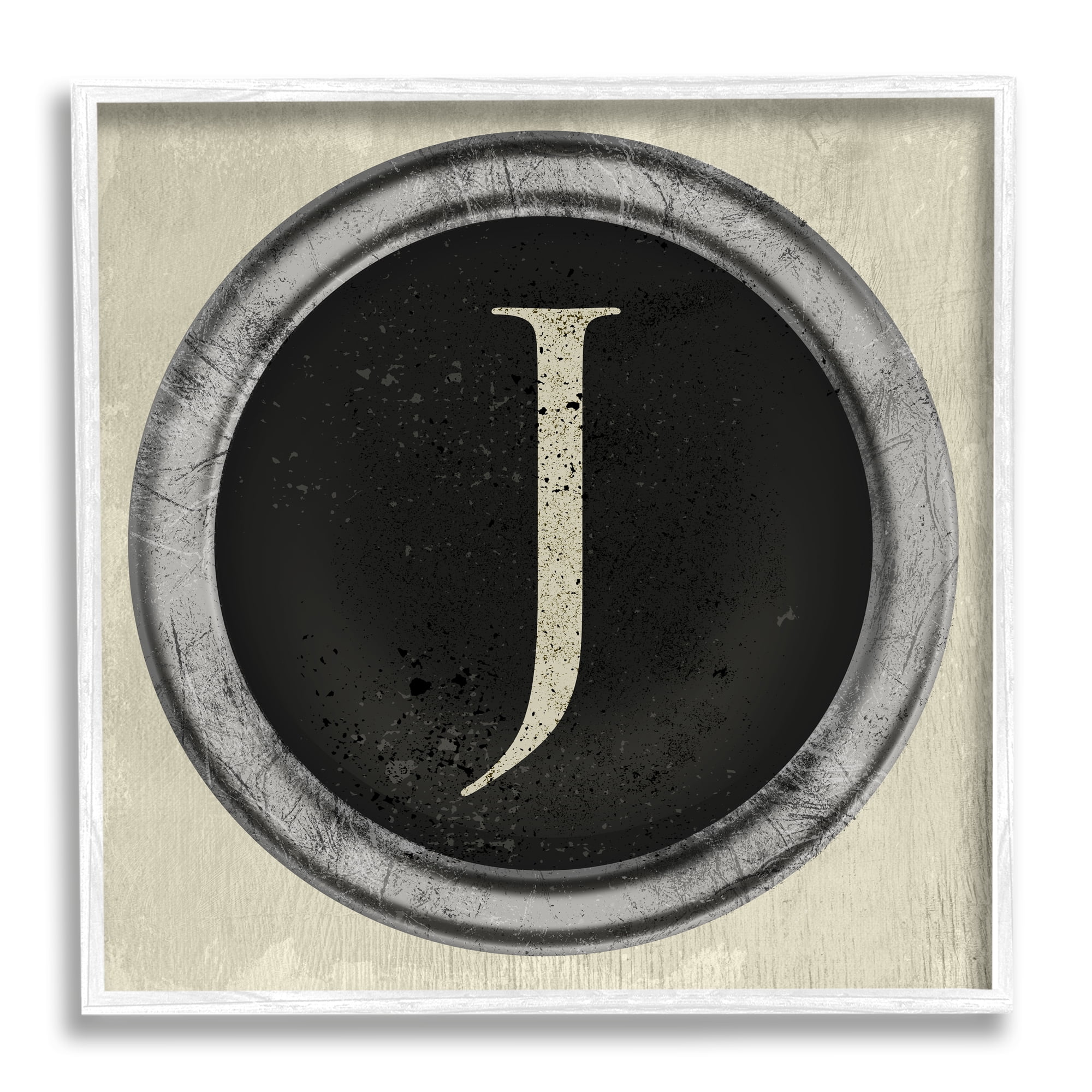Letter J Initial Vintage Shape Typewriter Key Typography Framed Art Print Wall Art, 17x17