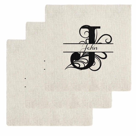 Letter J Kitchen Dish Towels for Drying Dishes Set of 3, Monogram Words Waffle Weave Microfiber Hand Tea Bathroom Towels Quick Dry & Absorbent Towel 12x12