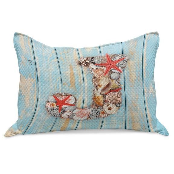 Letter J Knitted Quilt Pillowcover, Summer Holiday on Tropical Beach Theme J Rustic Old Wood Planks, Standard King Size Pillow Cover for Bedroom, 36" x 20", Dark Coral Pale Blue, by Ambesonne